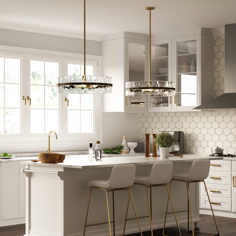 Modern Gold Glam Chandelier - Glass Drum Pendant Light