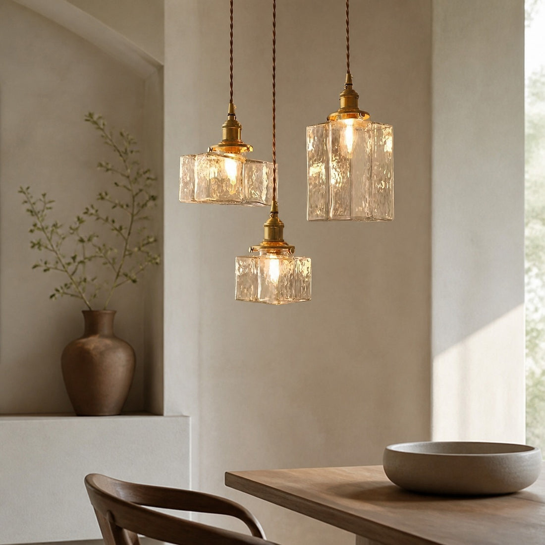 Traditional Vintage Square Rectangle Ripple Glass Iron 1-Light Pendant Light For Living Room