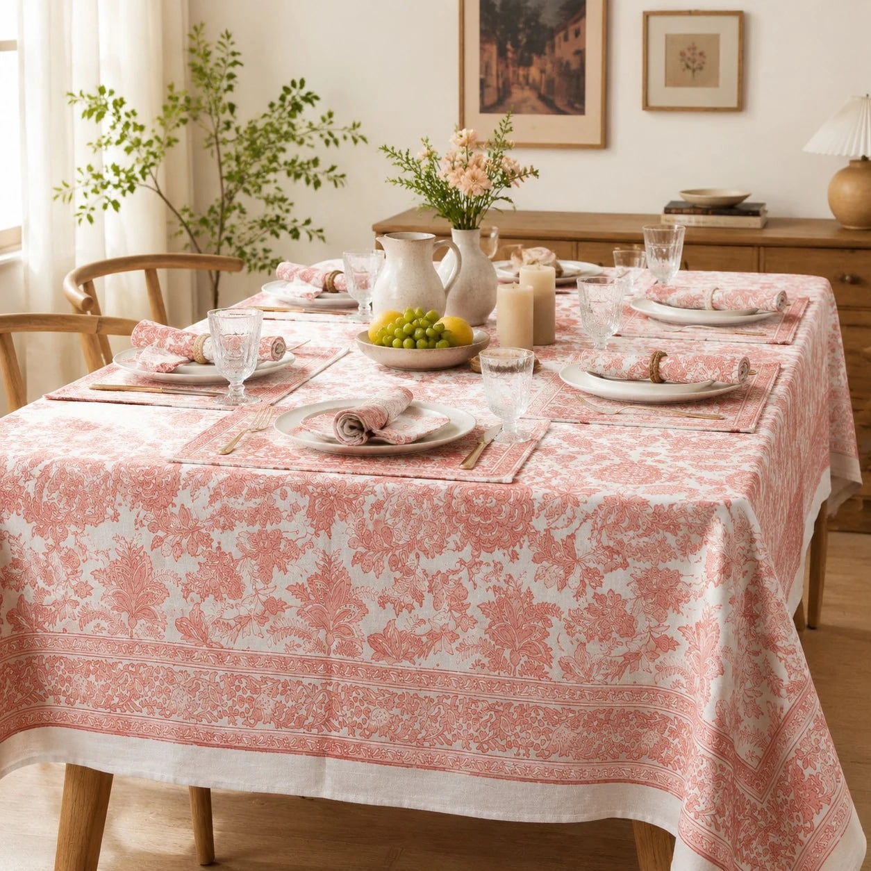 Soft coral vine tablecloth styled in a bright dining room