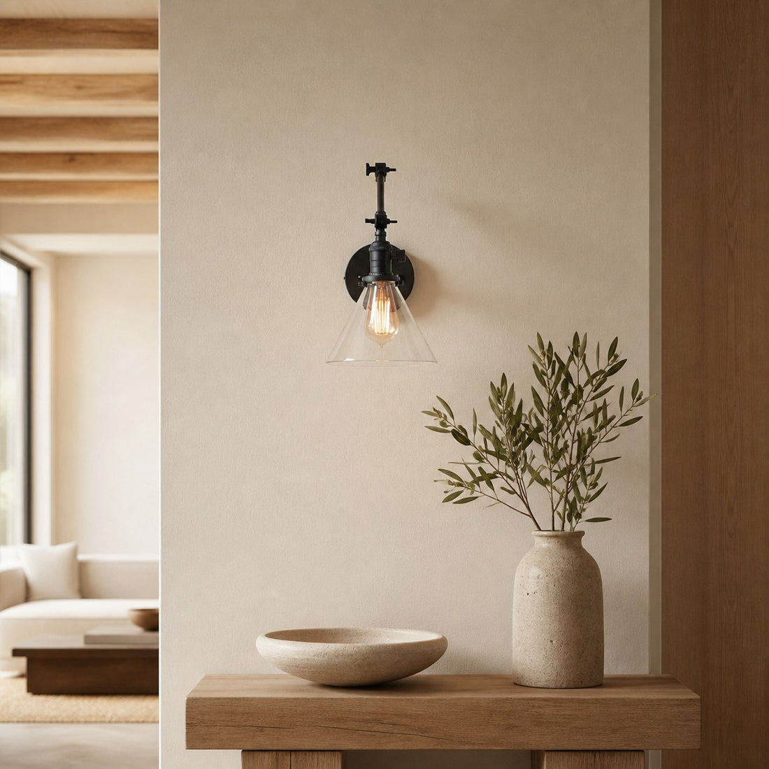 Conique Metal Industrial Wall Sconce with Adjustable Arm - Vintage Glass Cone Shade