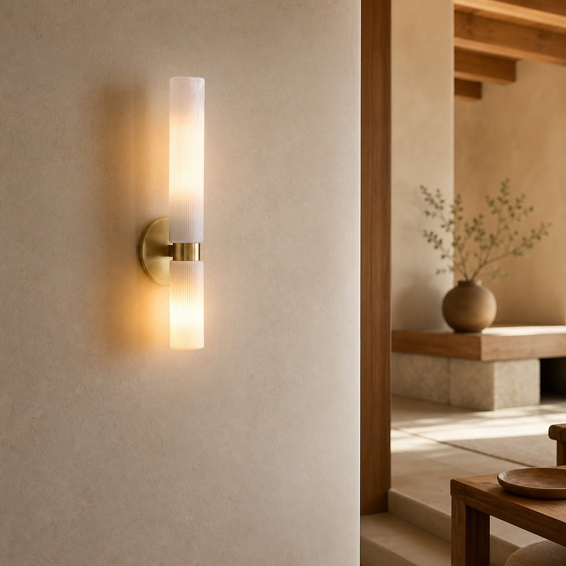 Rivora Fluted Glass Double Short Sconce - Indoor Outdoor Wall Light Elegance