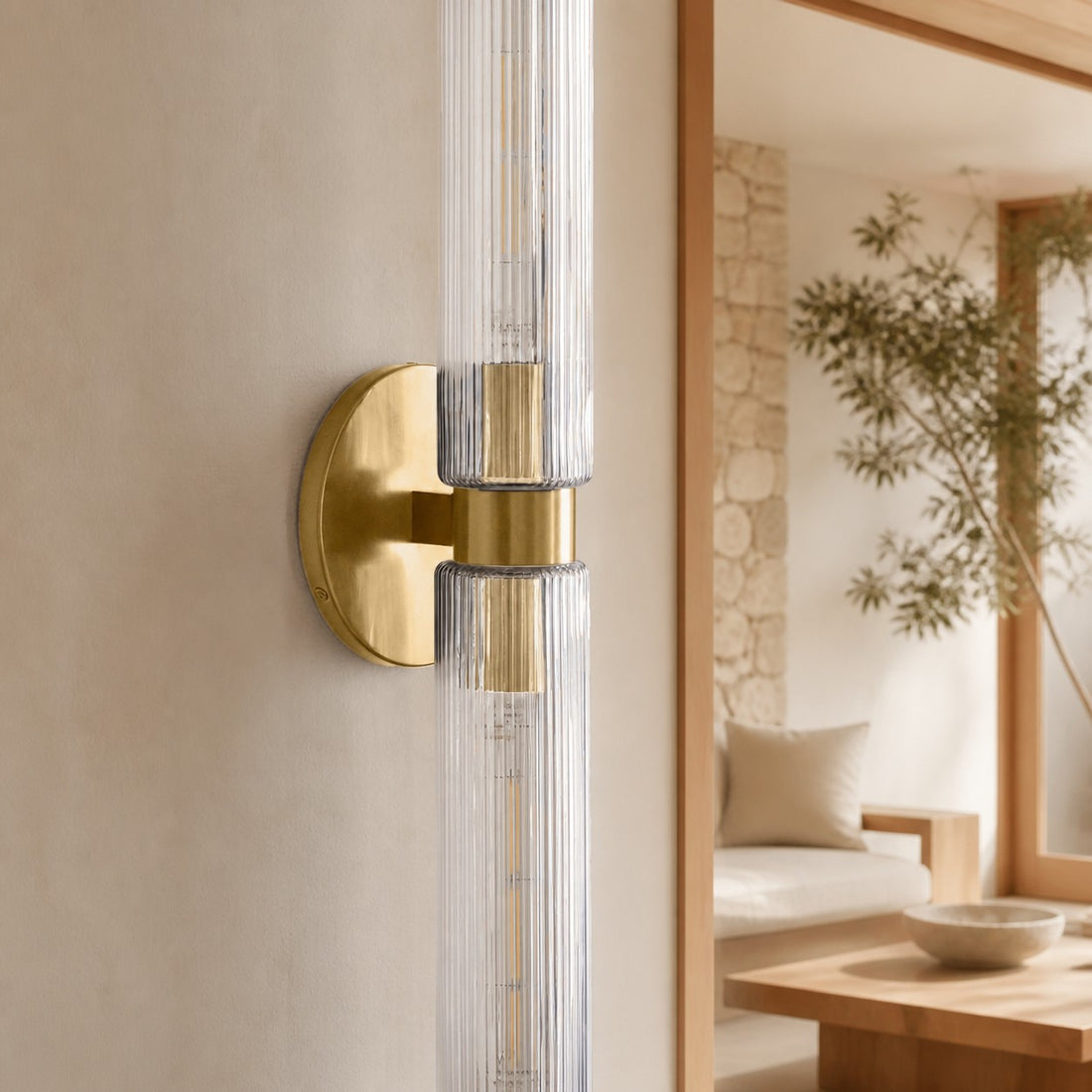 Rivora Modern Fluted Glass Wall Light - Double Short Indoor Outdoor Sconce