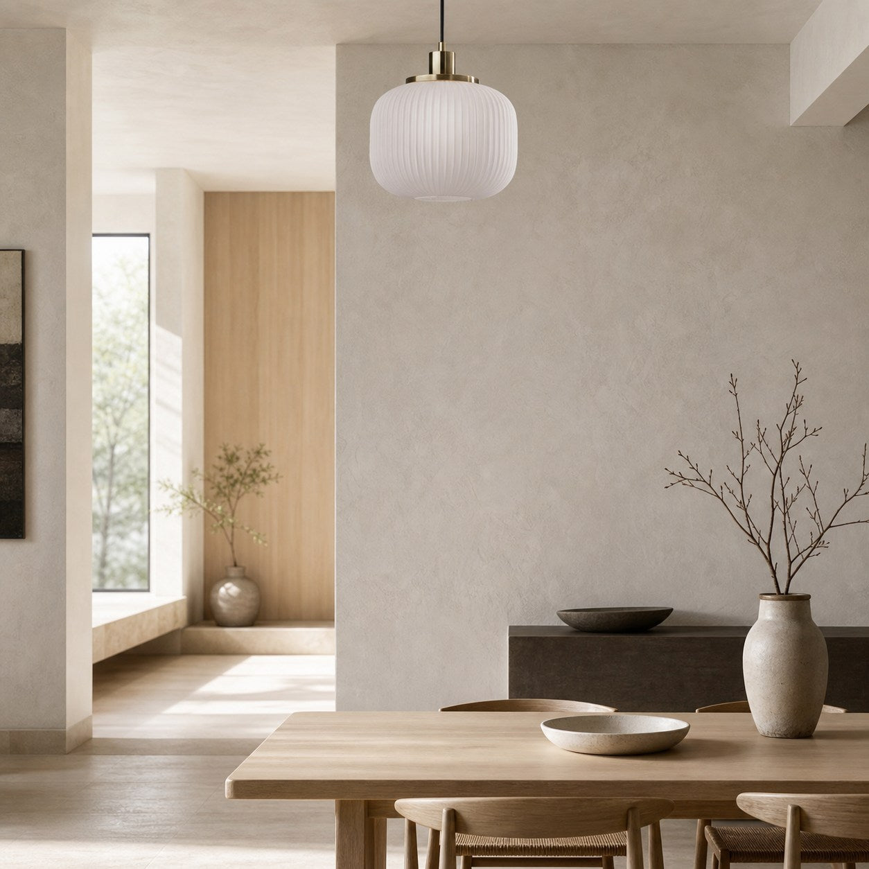 Pelviona Modern Ribbed Glass Pendant - Frosted & Brass Ceiling Light Add Timeless Charm to Your Space