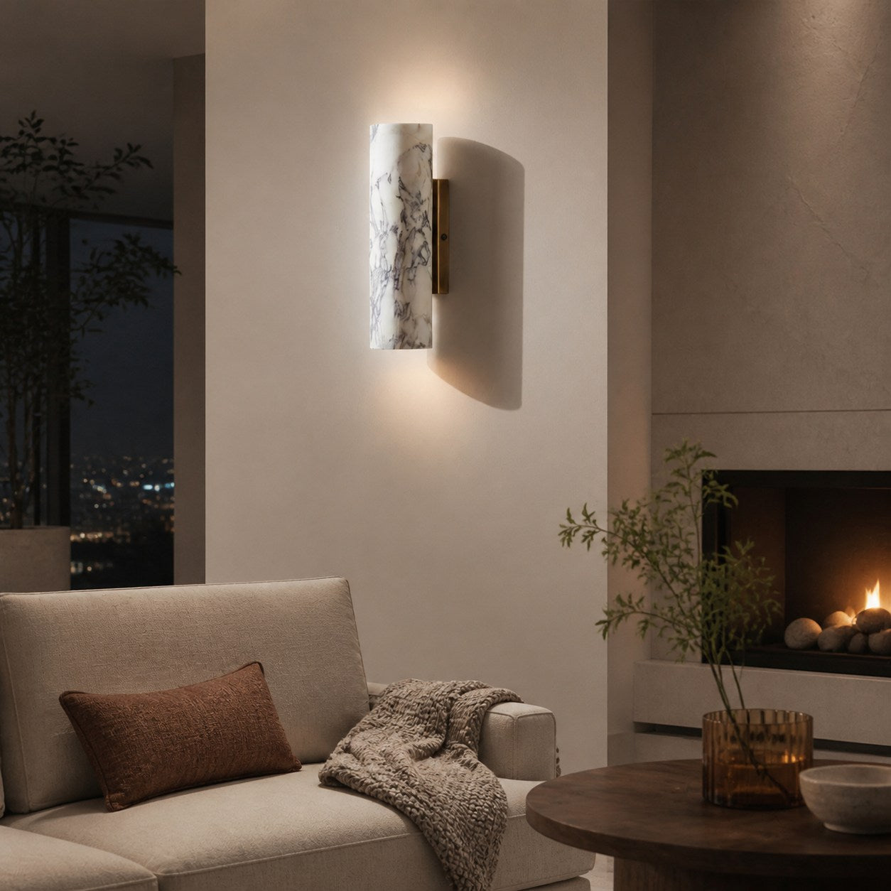 Wolvina Natural Marble Tube Sconce with Sleek Metal Details