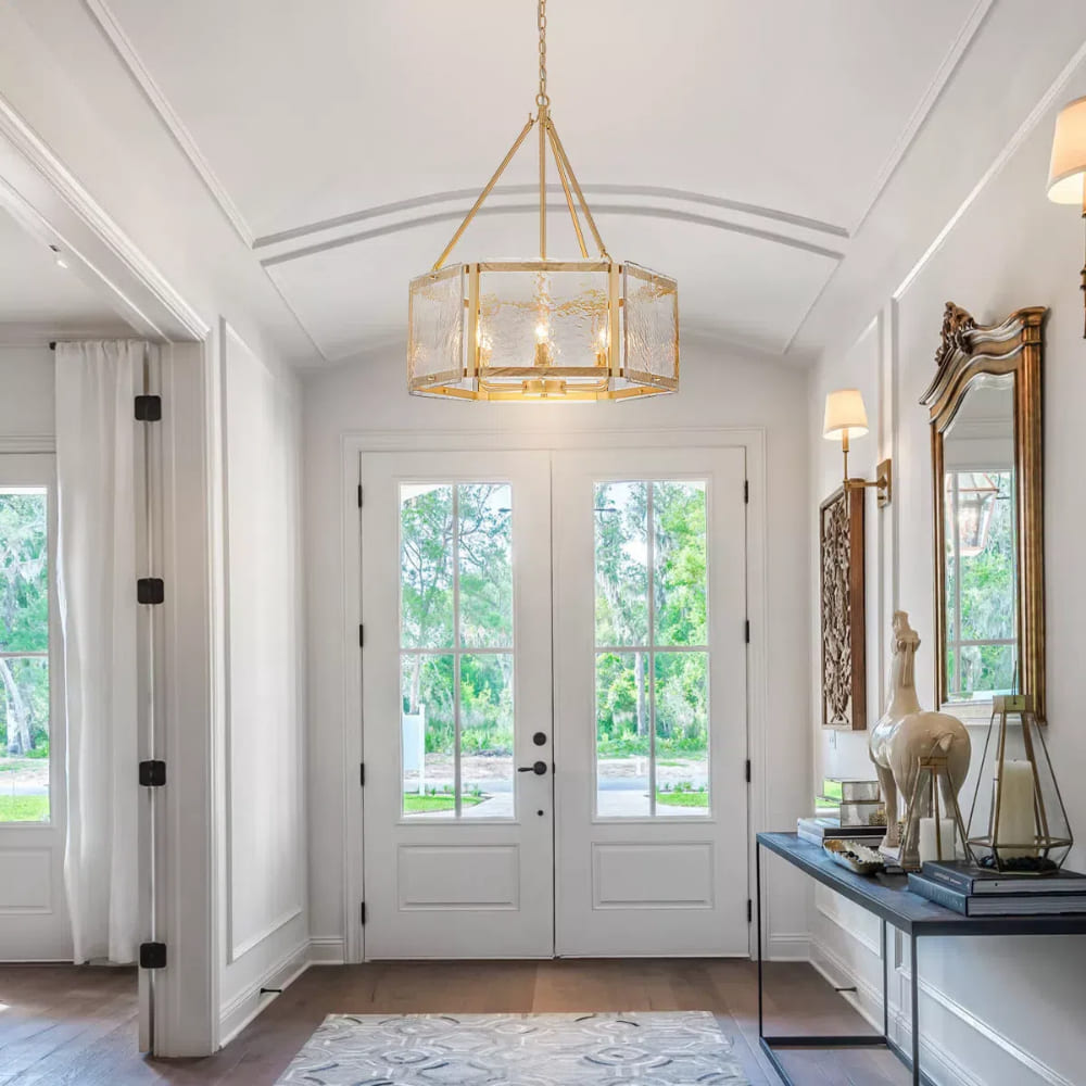 Textured Water Ripple Drum Chandelier - 6-Light Glass Pendant Light