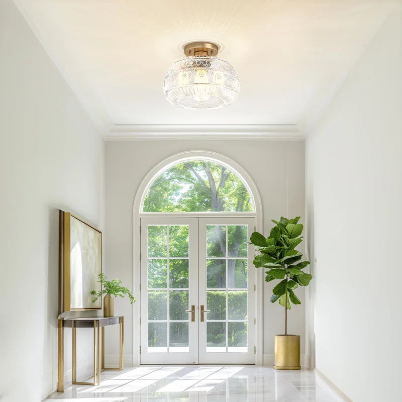 Vintage Glass Semi Flush Mount Ceiling Light with Flora Engraved Pattern