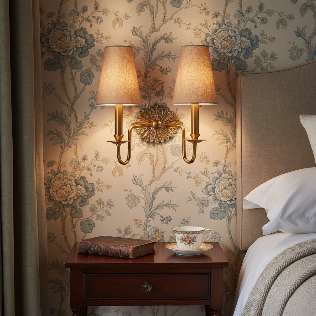 Duova Double Sconce – Antique Brass Metal and Linen Shades for Bedroom or Study