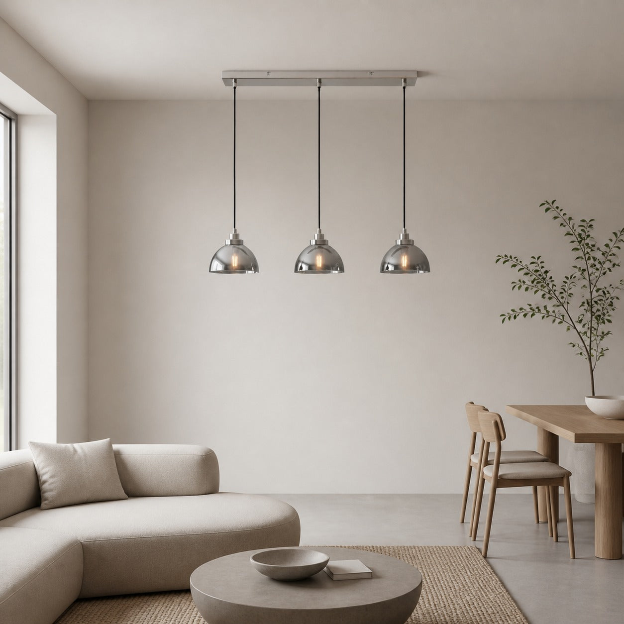 Shimmera 3-Light Linear Pendant – Mirror Glass Shades with Modern Nickel Finish for Dining Rooms