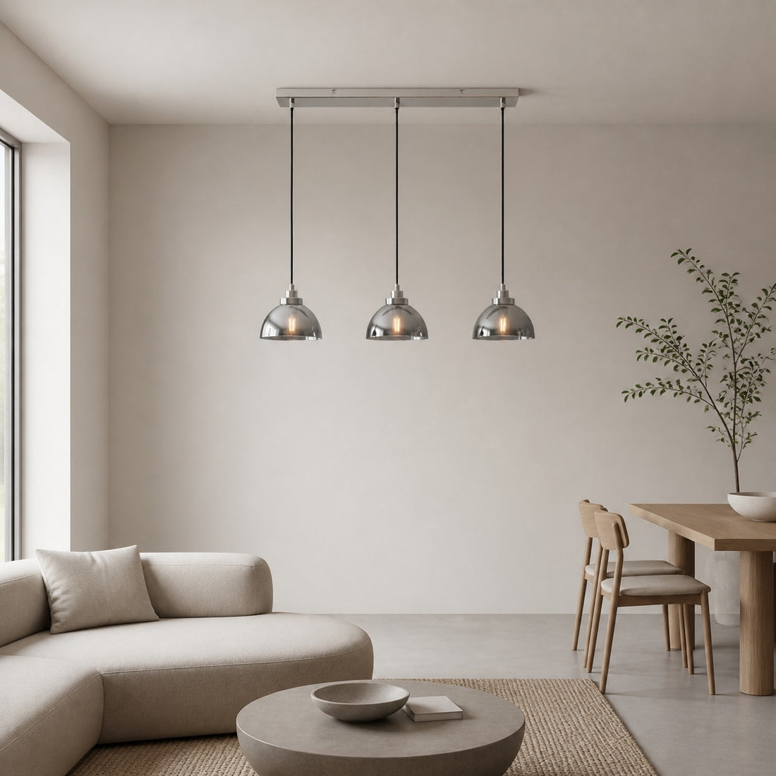 Shimmera 3-Light Linear Pendant – Mirror Glass Shades with Modern Nickel Finish for Dining Rooms