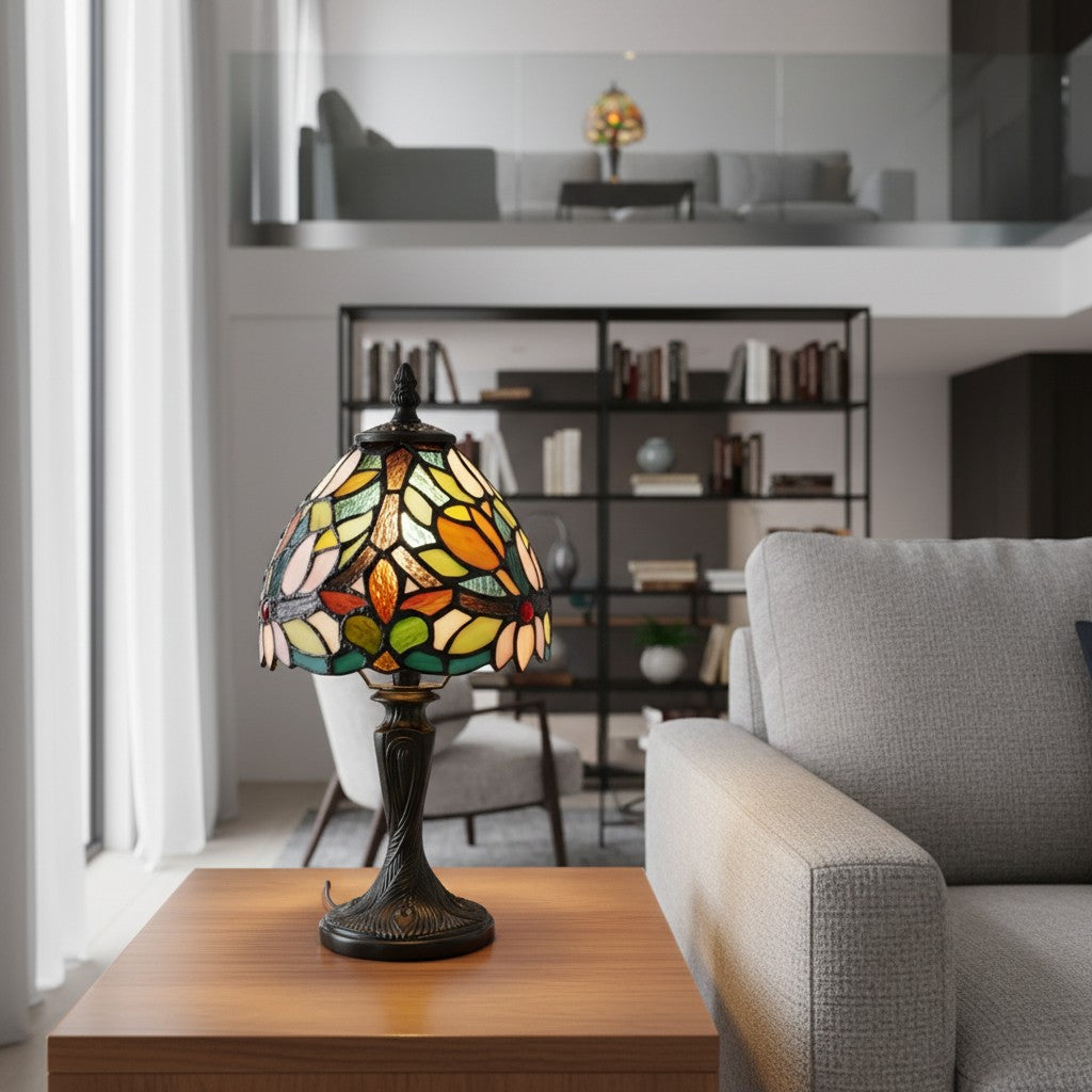 Calyra Vintage Floral Stained Glass Table Lamp - Art Deco Tiffany Style Accent Light for Bedside and Living Room