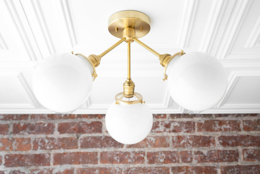 Glorica Glass Chandelier - Brass Globe Ceiling Light with Opal Shade
