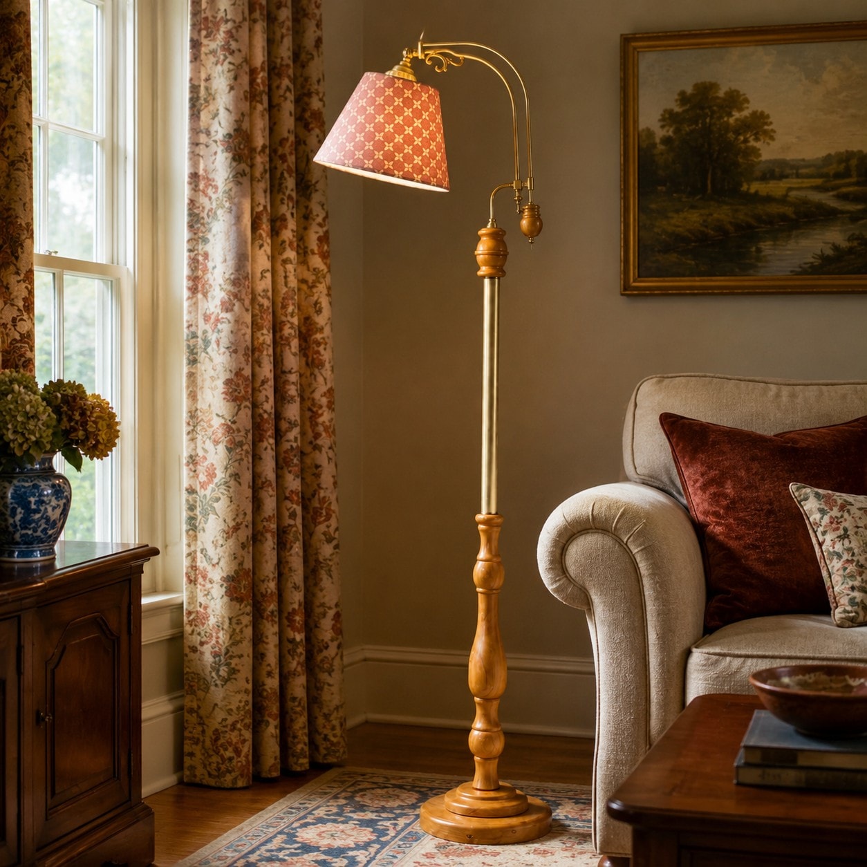 Vintage Wood and Fabric Floor Lamp