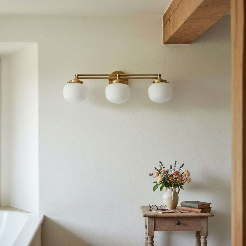 Opalume Glass Art Deco Vanity Light - Bathroom Wall Sconce with White Glass Shades