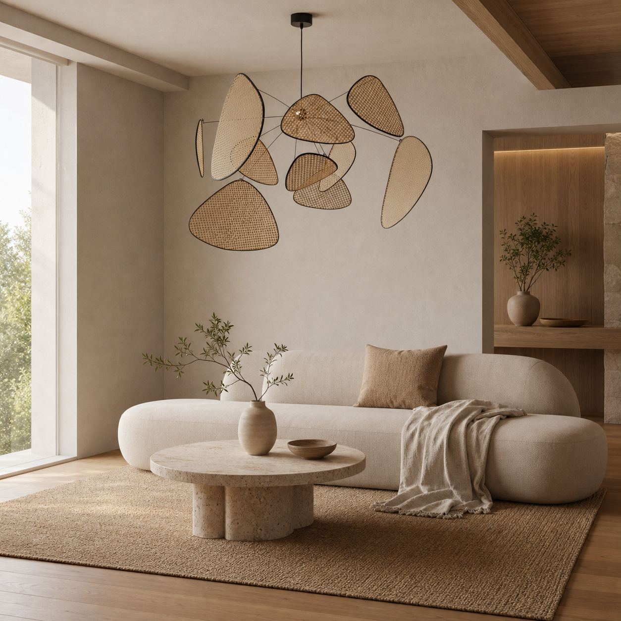 Rivana Modern Woven Rattan Chandelier – Metal Bamboo Pendant Light for Kitchens and Lounges N41