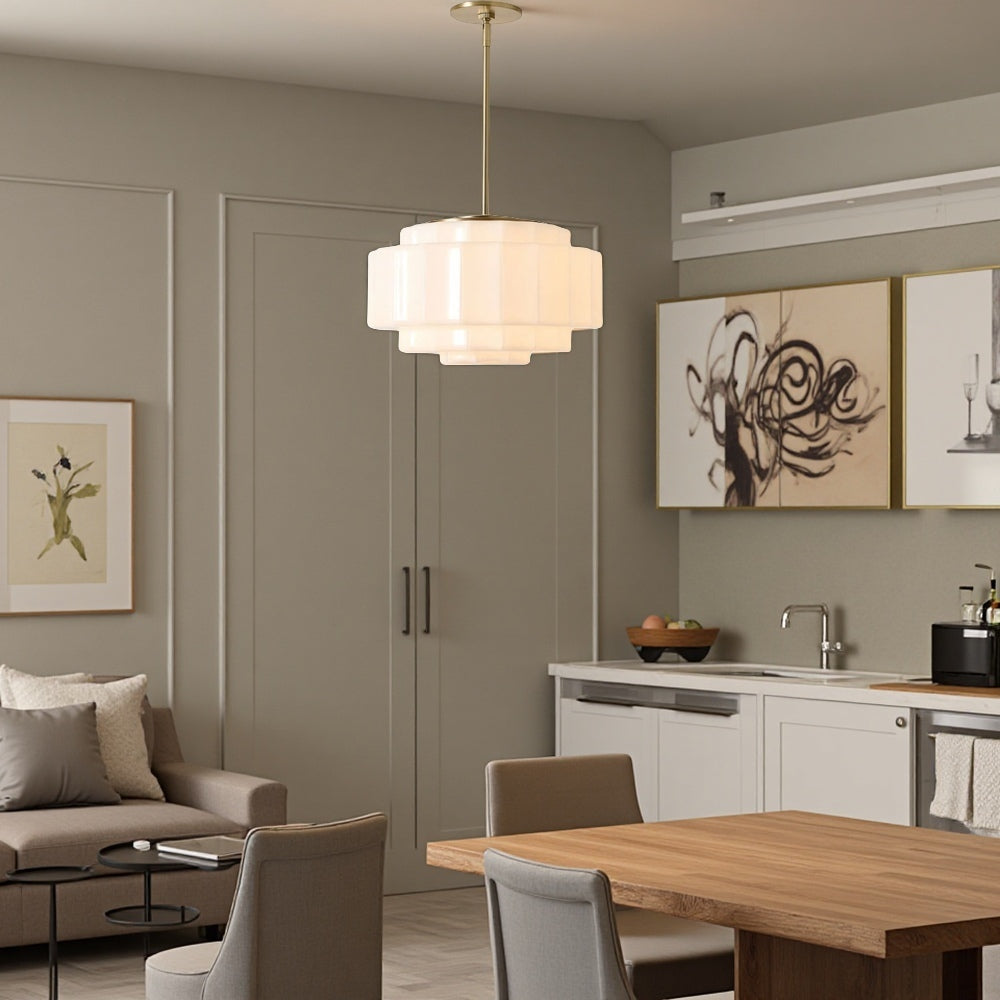 Tiered Milk Pendant Light - Antique Brass Glass Light Fixture