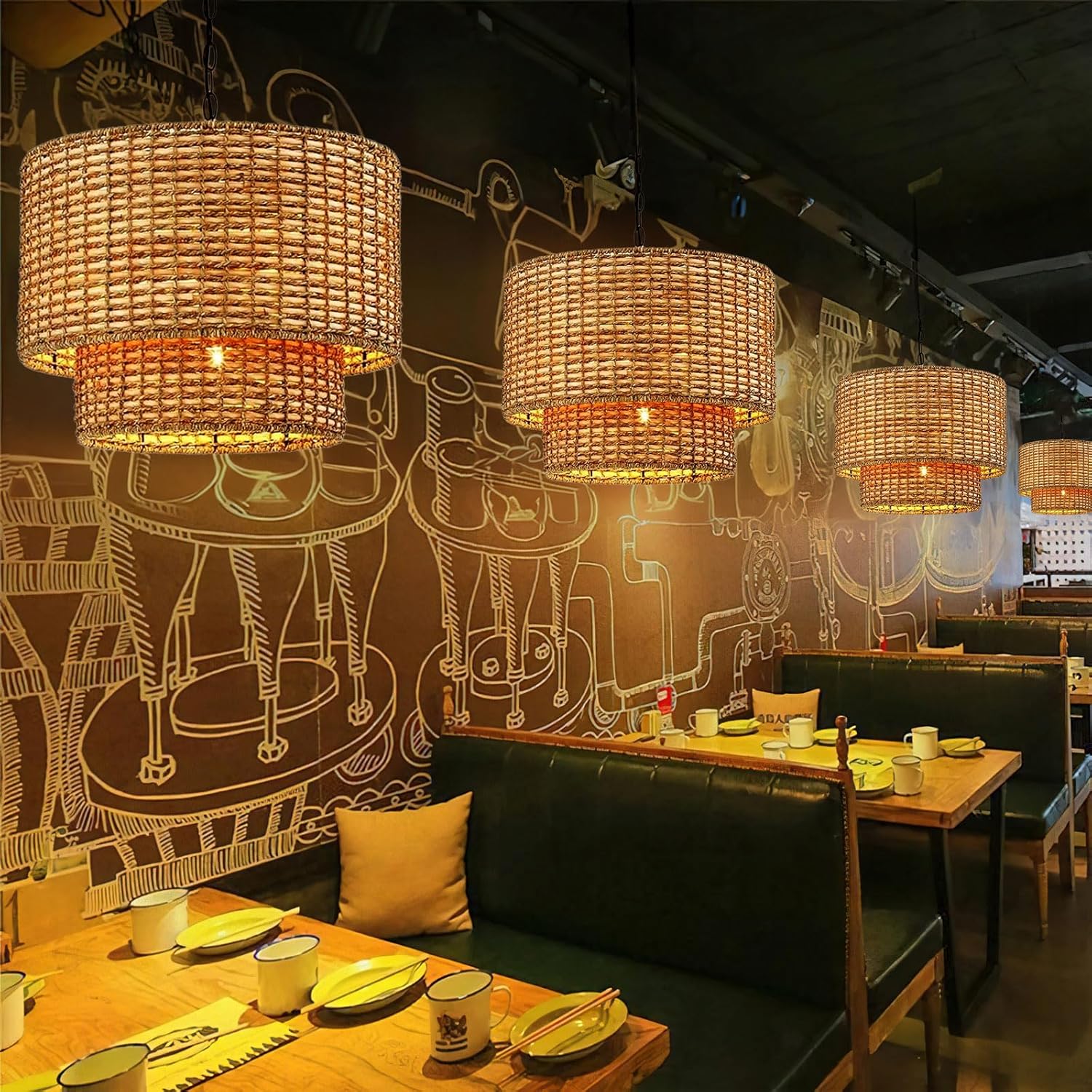 Natural Rattan Double Drum Pendant Light With Black Canopy