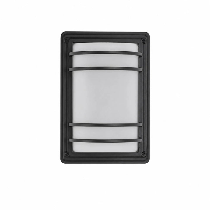 Black outdoor wall light with white glass shade turned off