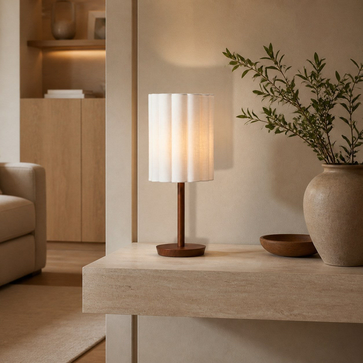 Linbron Modern Fabric Shade Table Lamp with Wood Base – Soft Ambient Lighting for Bedroom or Living Room