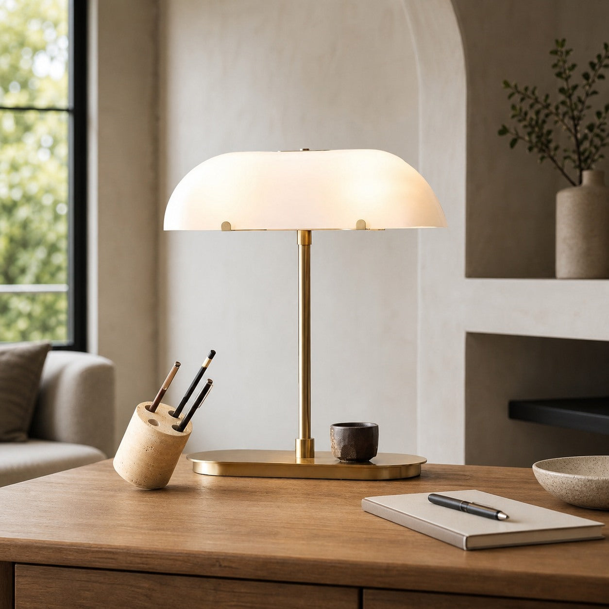 Ferosa Boat-Shaped Lampshade Table Lamp – Vintage Bronze Finish with Milk Glass Shade