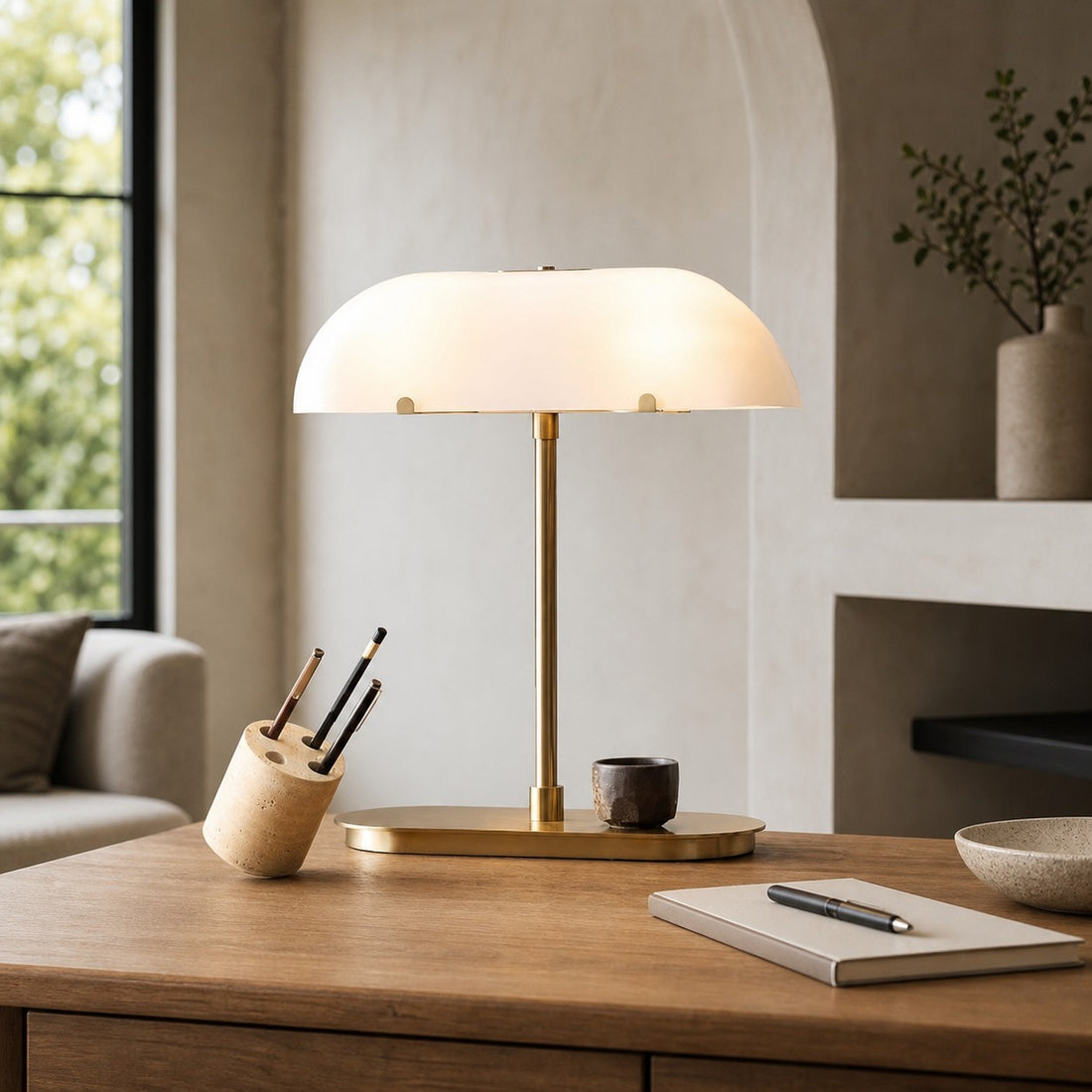 Ferosa Boat-Shaped Lampshade Table Lamp – Vintage Bronze Finish with Milk Glass Shade