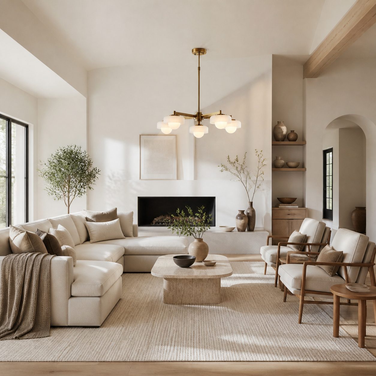 Zirvos Pendant with Frosted Opal Globes and Brushed Brass Frame for Living and Dining