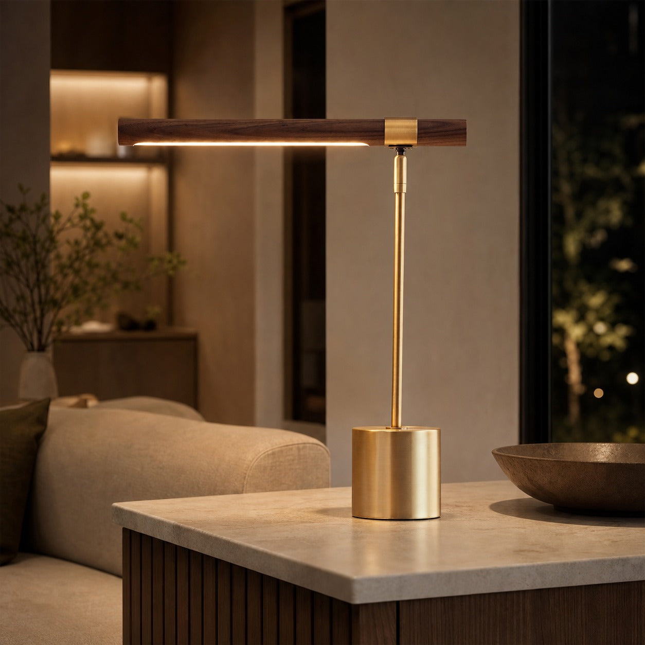 Moss Modern Linear Wood LED Table Lamp – Adjustable Swivel, USB Charging