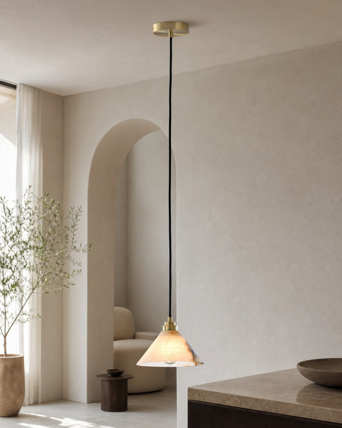 Conical Brass Alabaster Pendant Lamp