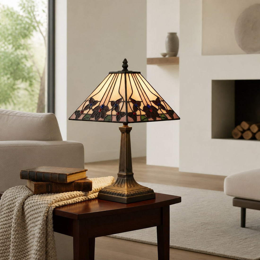 TF Camillo Dragonfly Stained Glass Table Lamp - Art Nouveau Tiffany Style with Scalloped Edge for Living Room and Bedroom