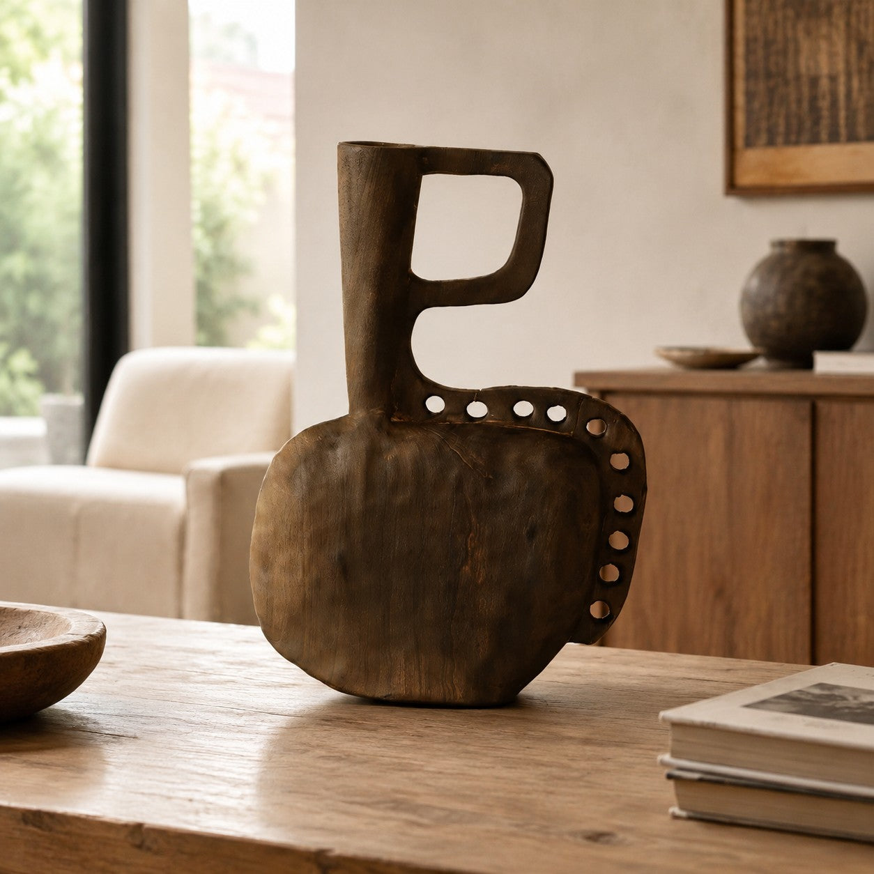 Hand-Carved Solid Wood Sculptural Vase