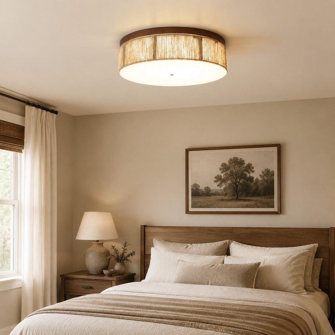 Wabi-Sabi Solid Wood and Woven Rope LED Flush Mount Ceiling Light
