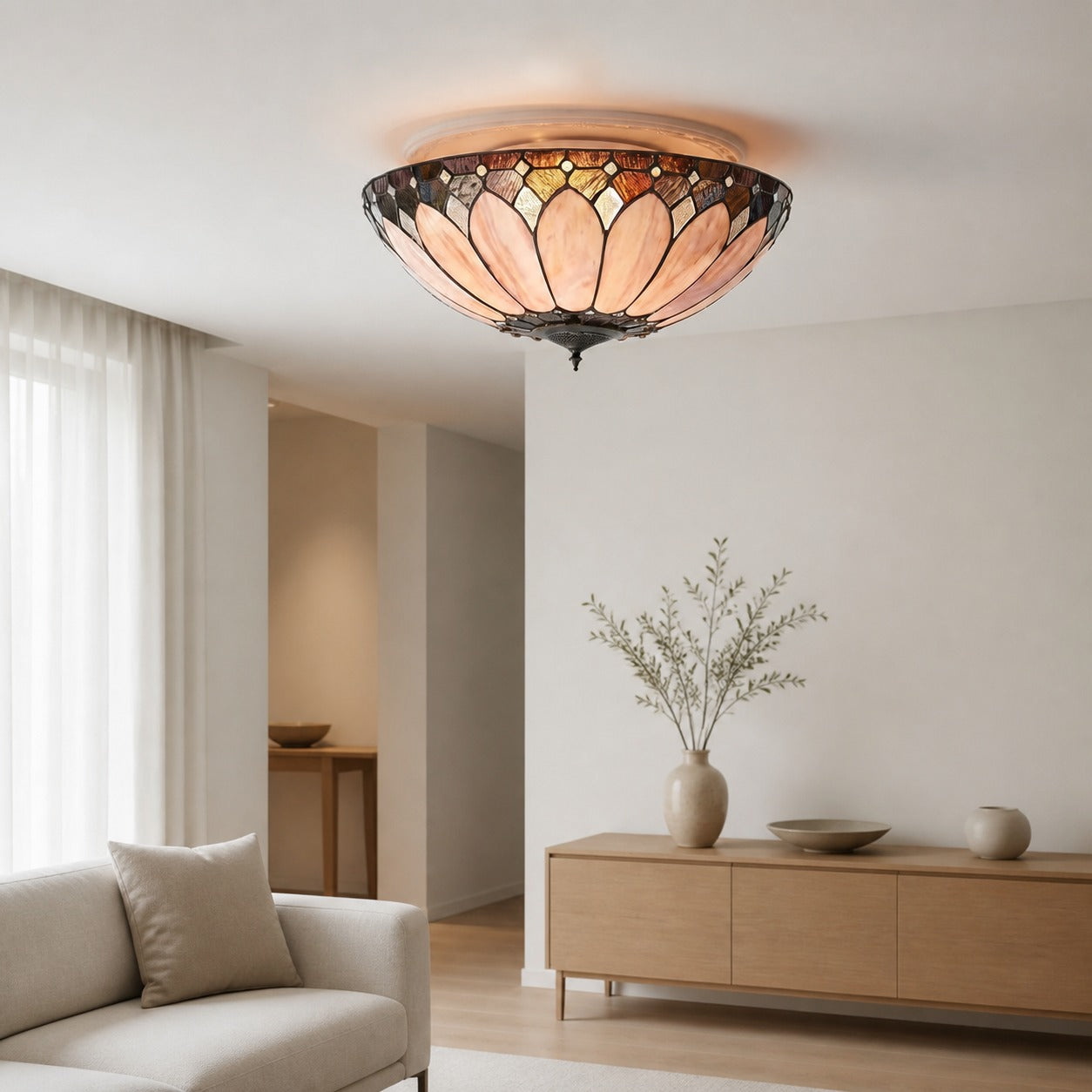 TF Brooklyn Tiffany Glass Flush Mount Ceiling Light - Art Deco Design for Hallway or Living Room