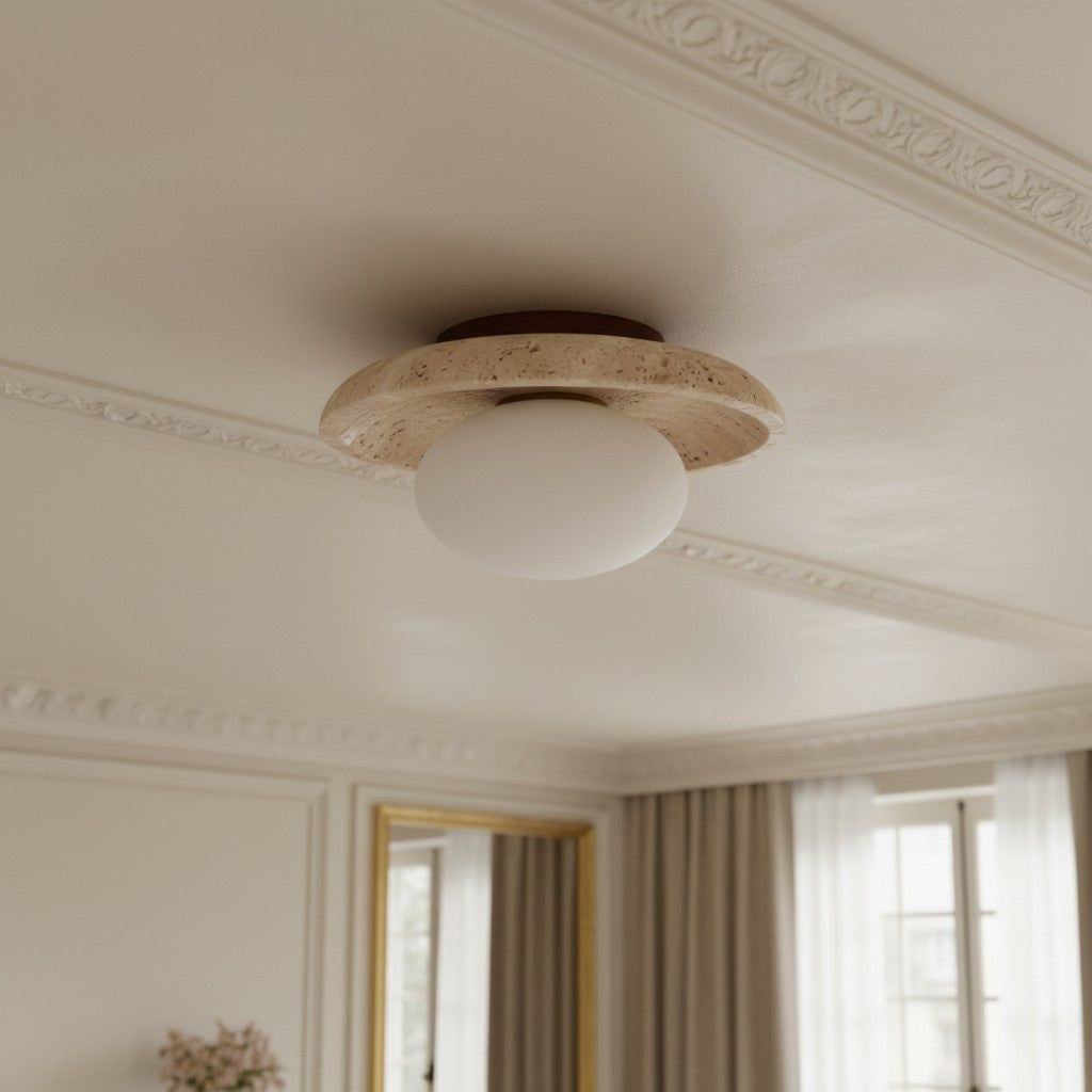 Calivra Modern Travertine Round Ceiling Light - Minimalist Flush Mount Lamp for Hallway and Bedroom