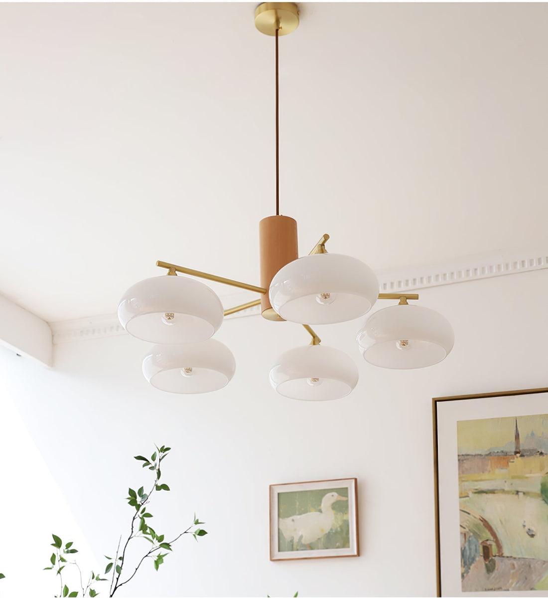 Bowl Shaped Multi - Head Chandelier With Wooden Decoration