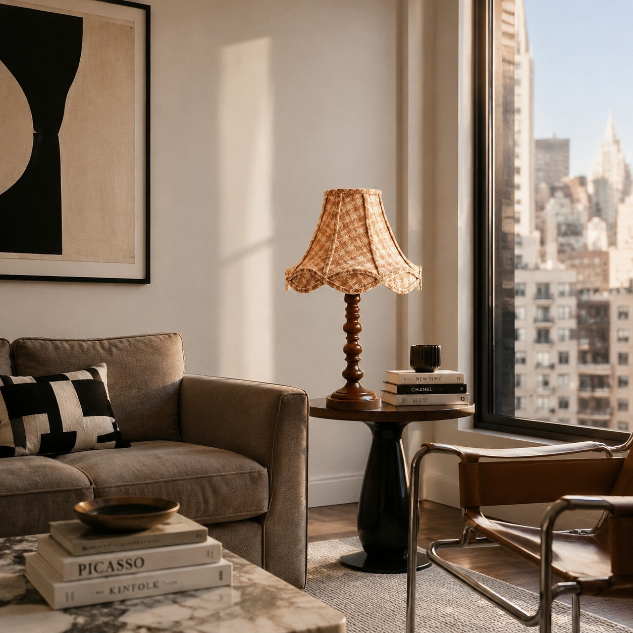 Vintage wood table lamp styled in a modern living room