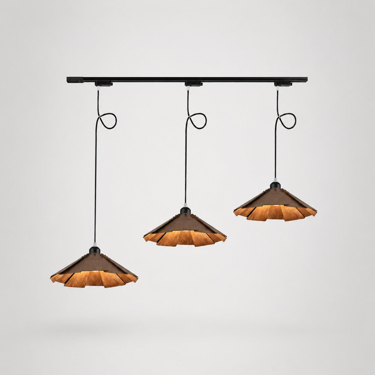 Walnut B three light track wooden pendant light 35cm