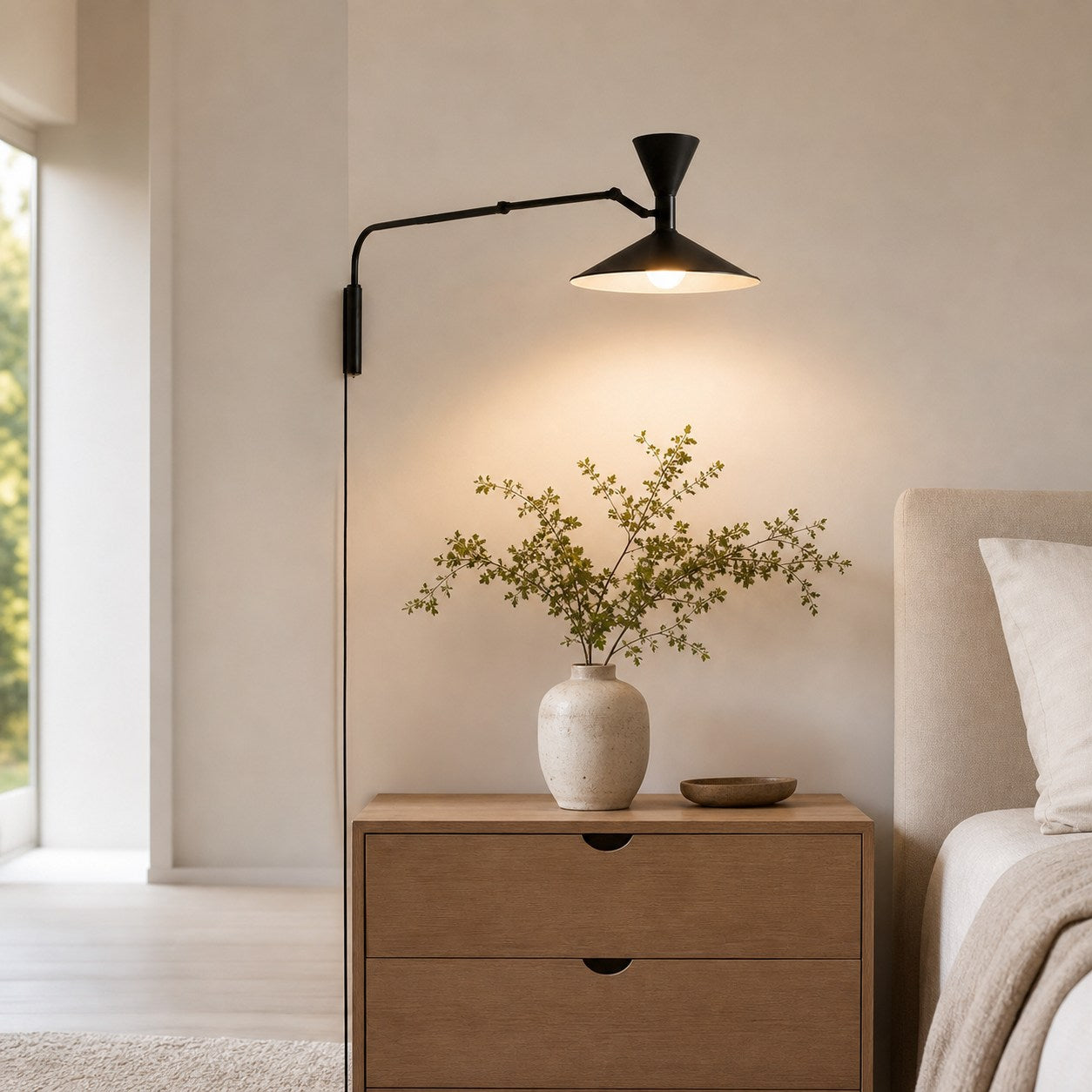 Ivoran Plug-In Swing Arm Wall Sconce - Metal Cone Adjustable Reading Light for Bedroom and Study