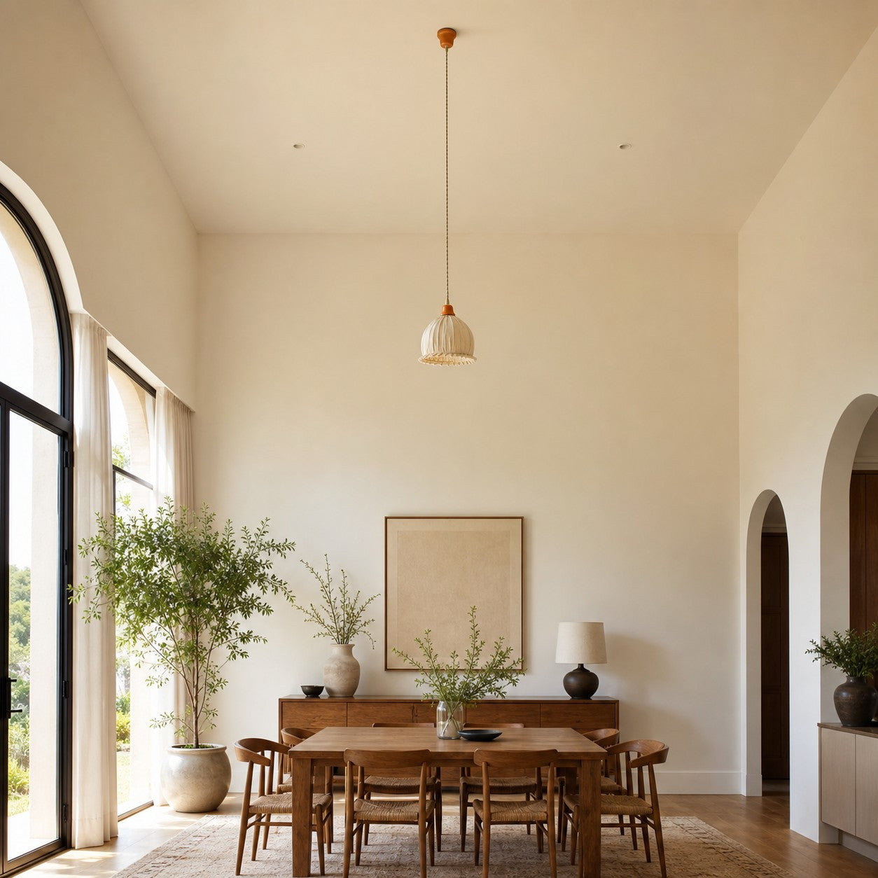 Pleated Fabric Pendant Light with Wood Canopy