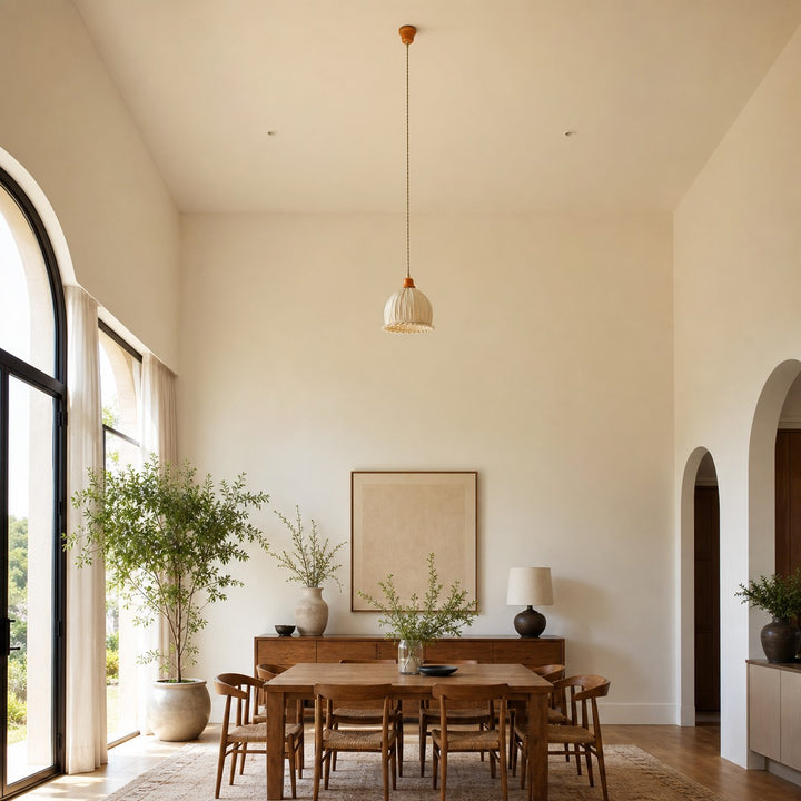 Pleated Fabric Pendant Light with Wood Canopy