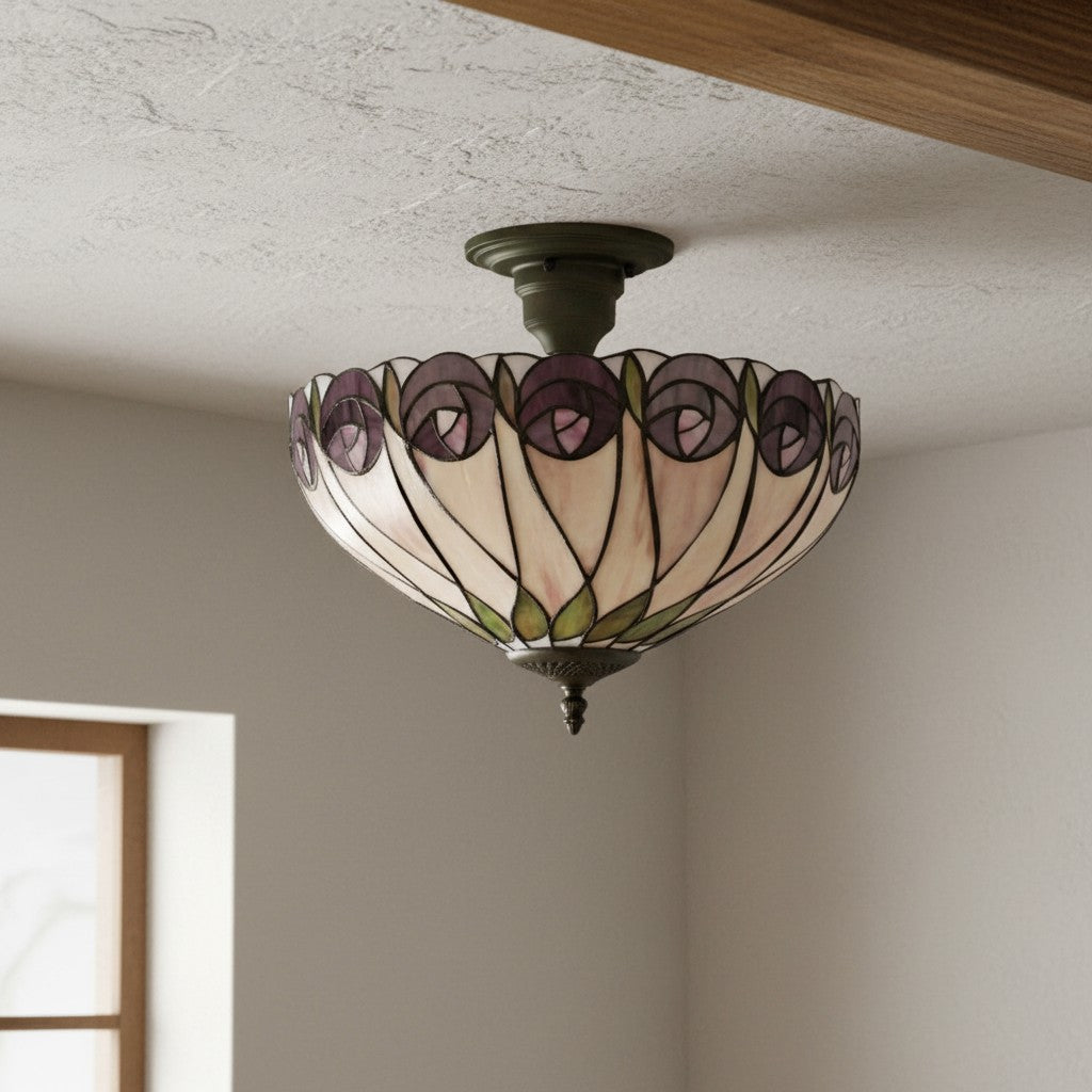 TF Hutchinson Tiffany Ceiling Light with Mackintosh Rose for Living and Dining Rooms