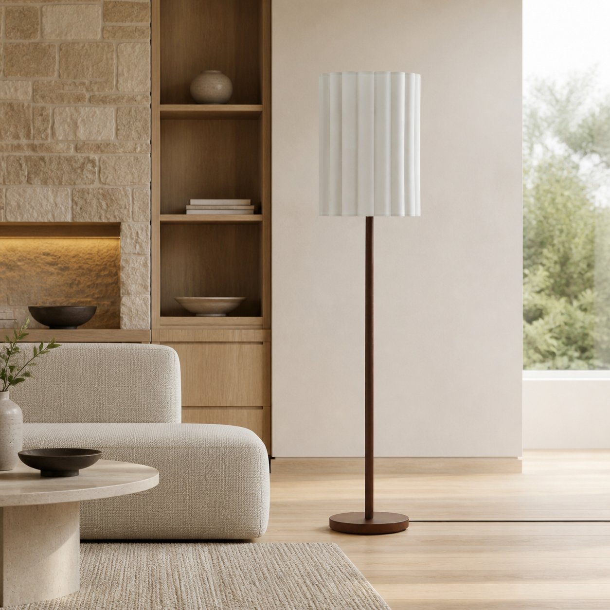 Linbron Walnut Wood Floor Lamp with Fluted Linen Shade – Modern Natural Home Decor