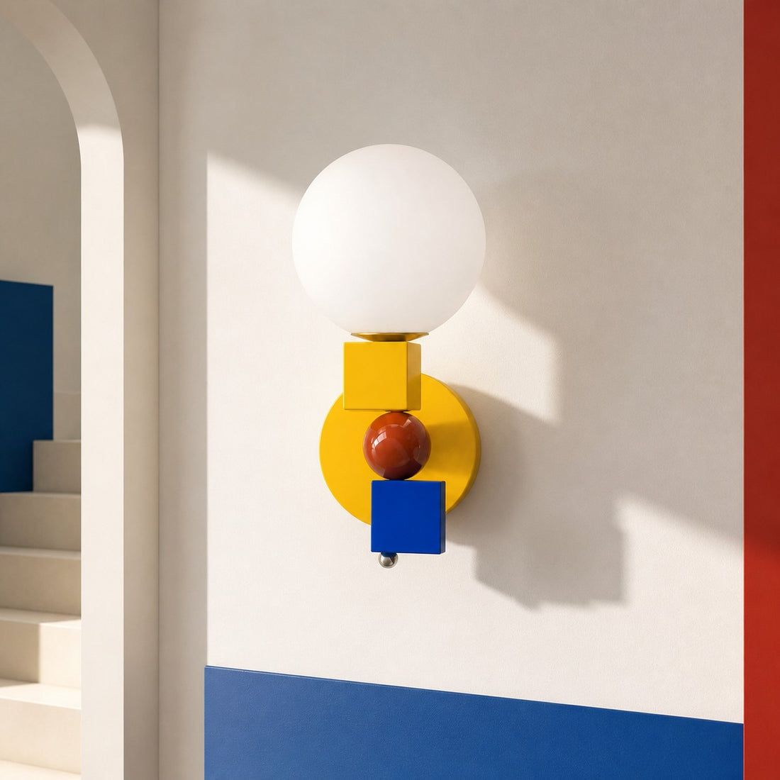 Luma multicolor wall sconce in a bright hallway