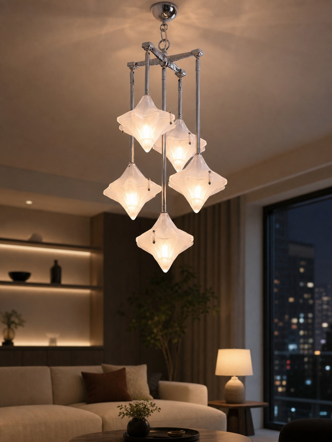 Art Deco Astris Star Chandelier – Frosted Glass Deco Fixture for Dining Room