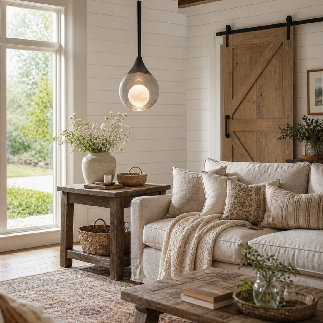 Pearl Black Luma pendant in a relaxed living room