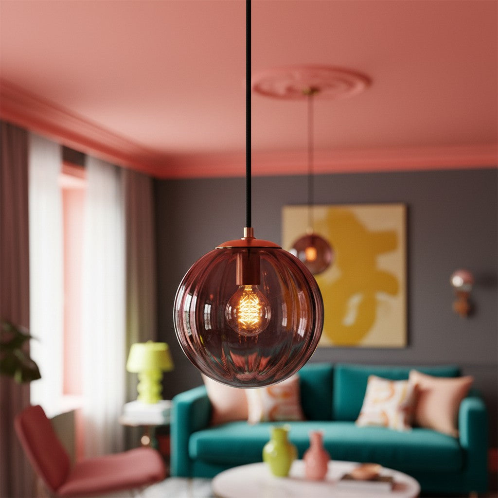 Lunorie Iron Metal Glass Globe Pendant Light - Sculpted Adjustable Pendant for Dining Spaces