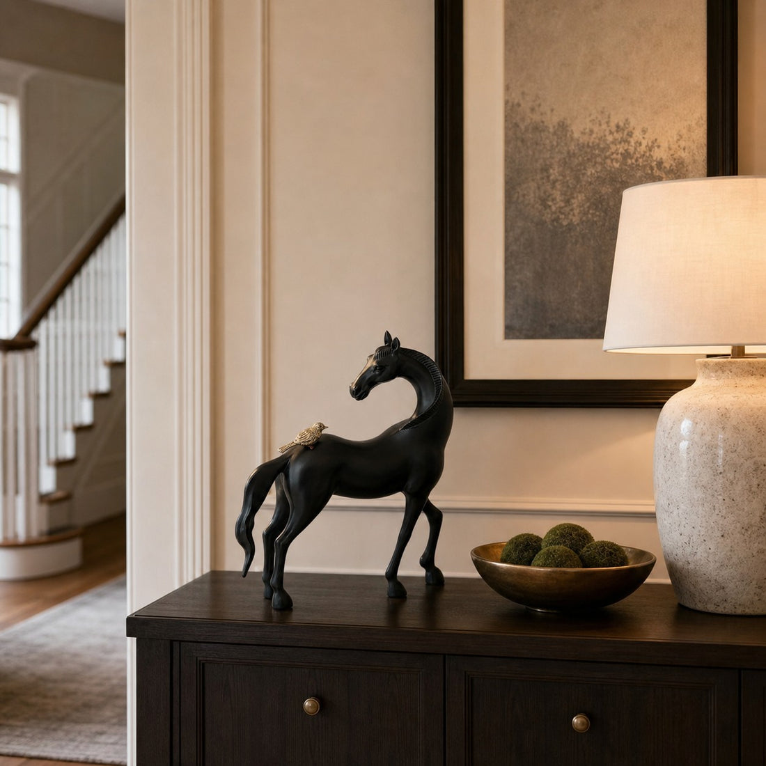 Equora black horse and copper bird sculpture detail