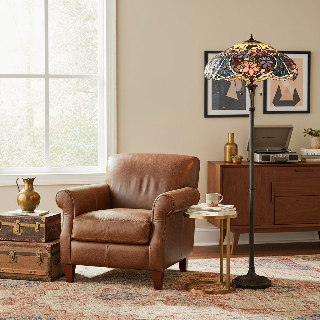 TF Sullivan Tiffany Floor Lamp - Floral Stained Glass Design for Study or Living Room
