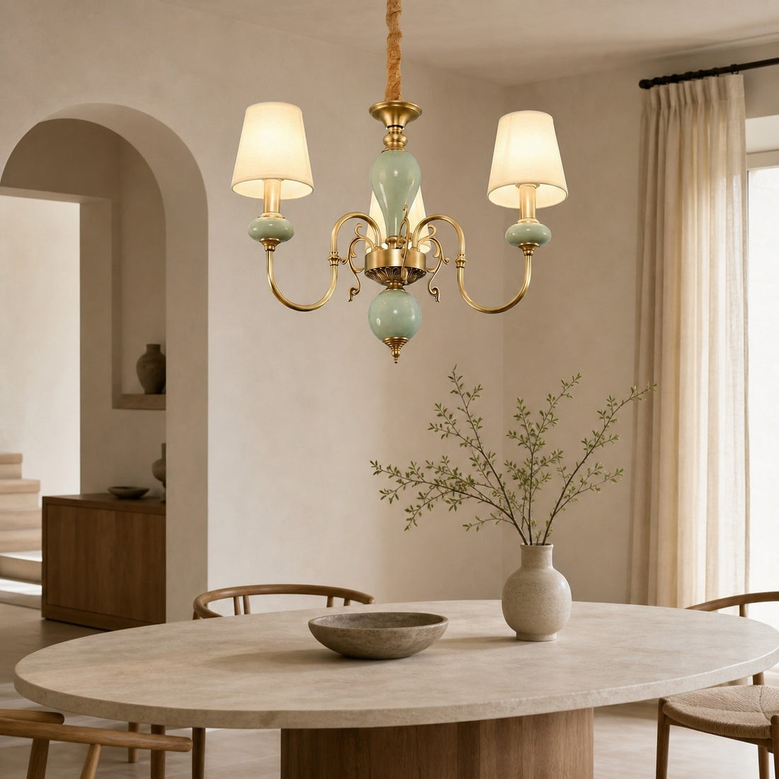 Altoris Series Branch Chandelier with Fabric Shades – Brass Ceramic Chandelier for Living Room