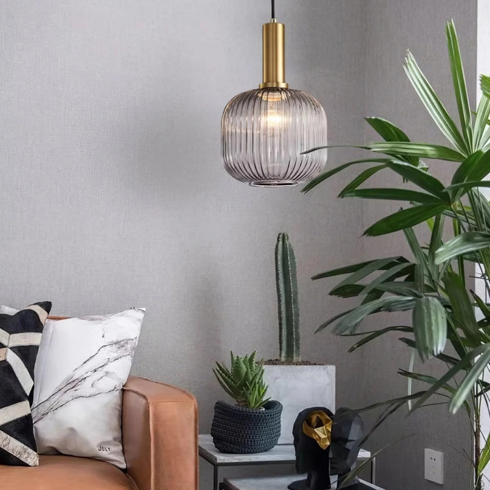 Ribbed Stained Glass Pendant Lamp – Retro Lantern Shape Hanging Light