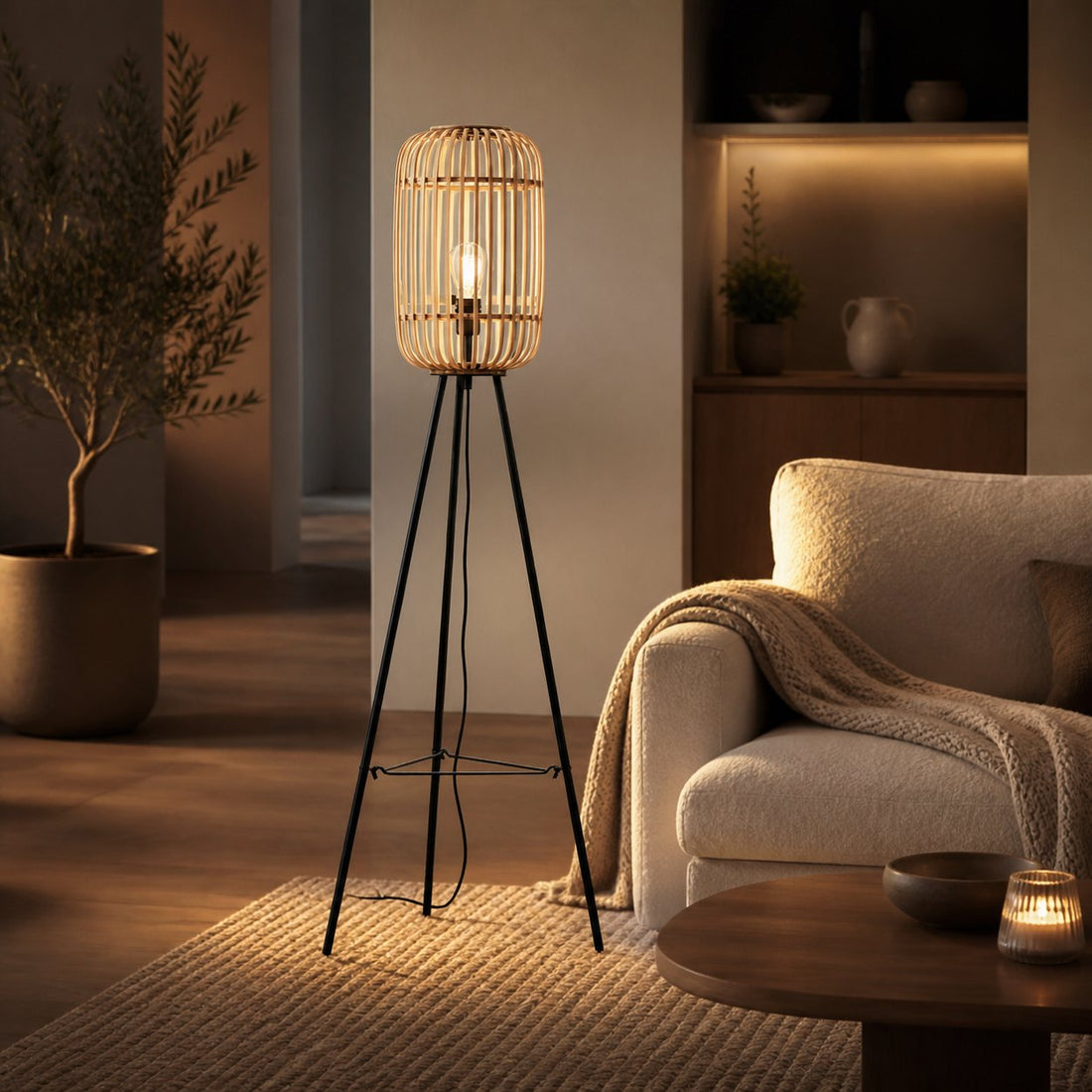 Yumeko Natural Woven Floor Lamp – Modern Scandi Bamboo Shade Standing Lamp for Bedrooms or Living Rooms