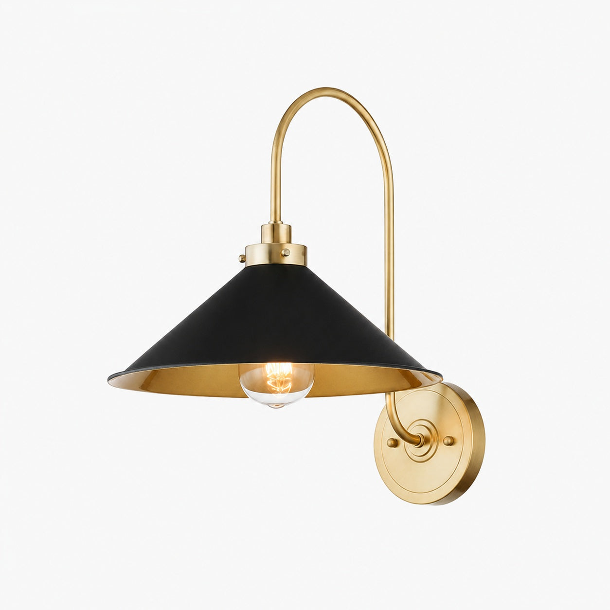 Ivoran Brass Gooseneck Wall Sconce - Curved Arm Dome Shade Light for Bedroom and Hallway